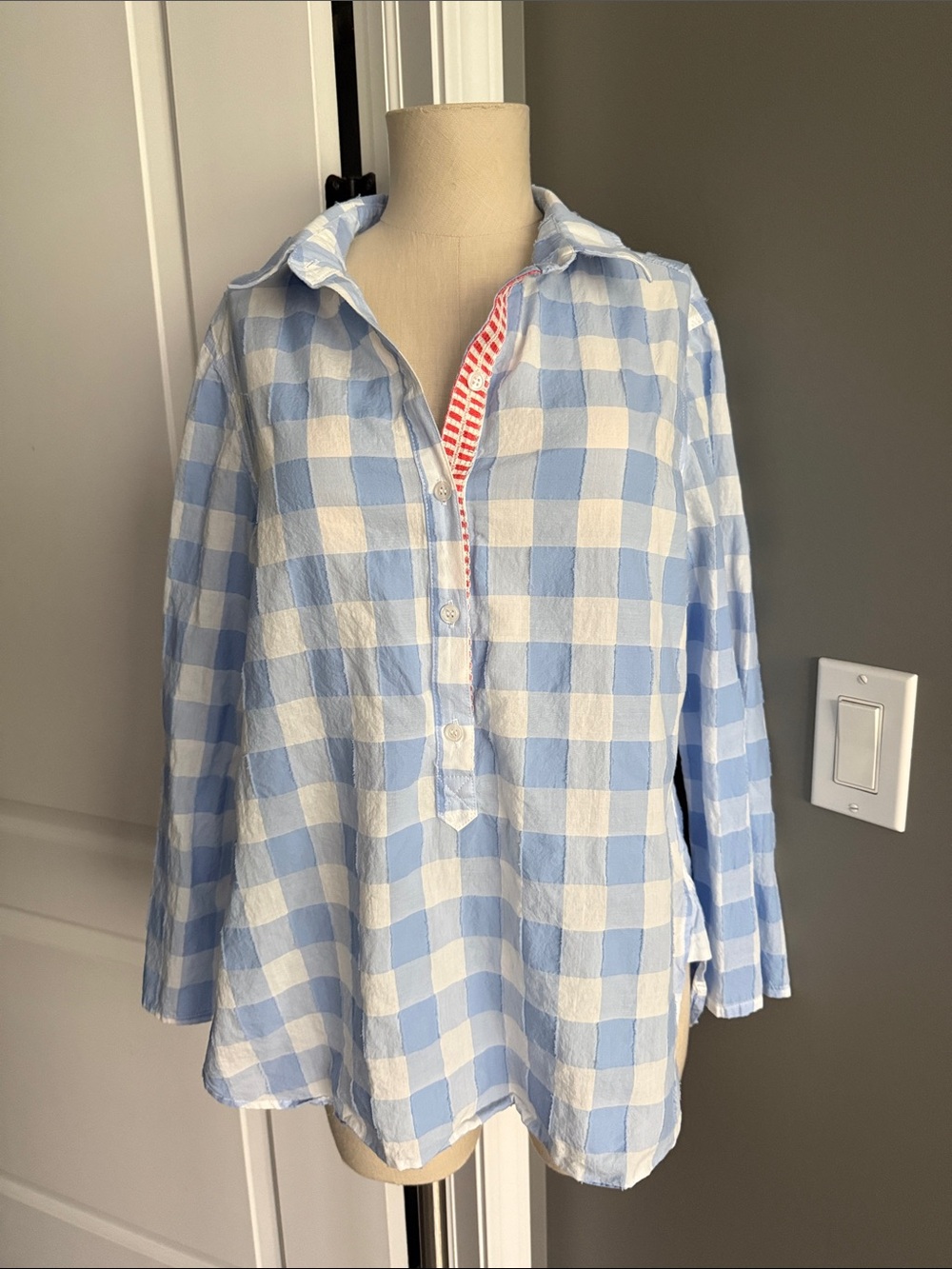 Persifor Blue & White Gingham Button Down Shirt Blouse with Contrasting Orange